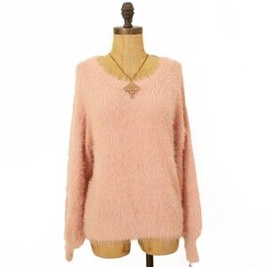 London Kaye Faux Fur Sweater XS Shaggy Pink Long Sleeve Top Scoop Neck NWT B86